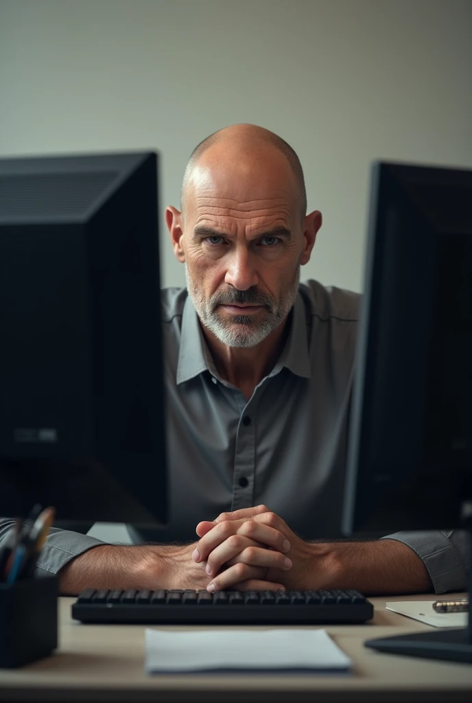homme chauve devant un ordinateur ,le regard vers nous