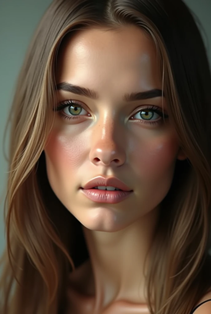 (photorealism 1.2) Very realistic pretty woman with a square jaw. a thin, closed mouth and a smooth chin. Highly detailed dark green eyes and light brown hair, smooth and long. Very detailed