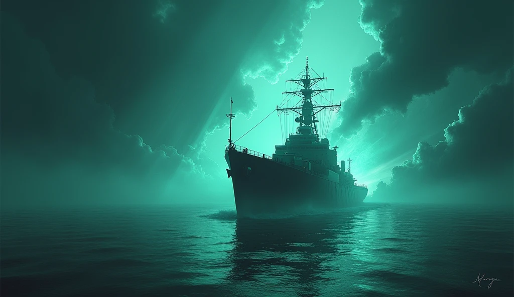 A striking image of the USS Eldridge amidst an electromagnetic energy field. The ship is partially visible and partially invisible, with a bluish-green glow around its structure. The background should depict a military shipyard in Philadelphia, with rays of light and distortions in the water, as if the ship is in the process of dematerializing. Add a sense of tension with dark clouds and storms on the horizon, and include the title تجربة فيلادلفيا: السر الذي لا يريدك الحكومة أن تعرفه؟ in large, dramatic letters at the top of the image