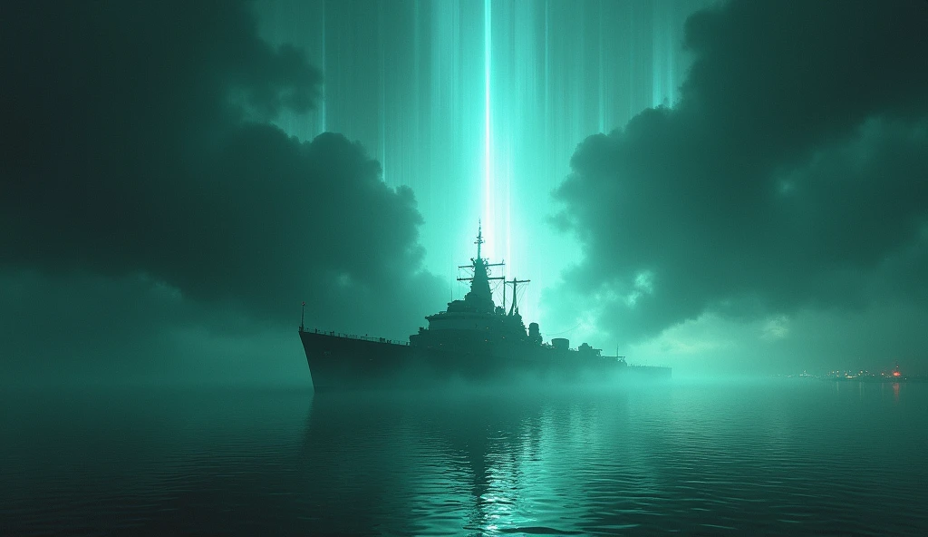 A striking image of the USS Eldridge amidst an electromagnetic energy field. The ship is partially visible and partially invisible, with a bluish-green glow around its structure. The background should depict a military shipyard in Philadelphia, with rays of light and distortions in the water, as if the ship is in the process of dematerializing. Add a sense of tension with dark clouds and storms on the horizon, and include the title تجربة فيلادلفيا: السر الذي لا يريدك الحكومة أن تعرفه؟ in large, dramatic letters at the top of the image