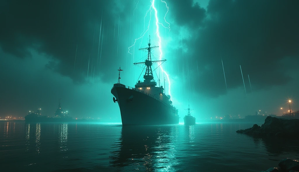 A striking image of the USS Eldridge amidst an electromagnetic energy field. The ship is partially visible and partially invisible, with a bluish-green glow around its structure. The background should depict a military shipyard in Philadelphia, with rays of light and distortions in the water, as if the ship is in the process of dematerializing. Add a sense of tension with dark clouds and storms on the horizon, and include the title تجربة فيلادلفيا: السر الذي لا يريدك الحكومة أن تعرفه؟ in large, dramatic letters at the top of the image