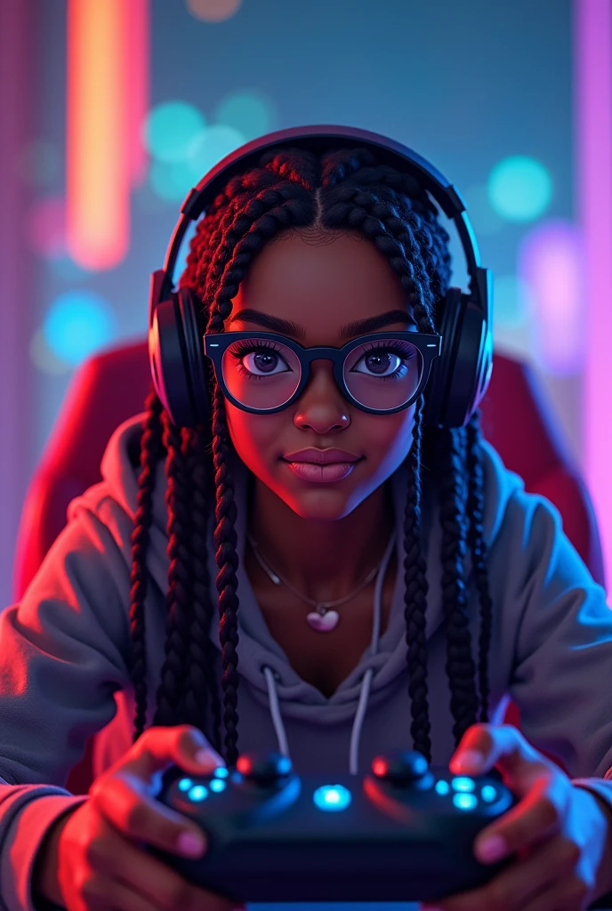 Create a cover for a YouTube gamer channel by drawing a 20-year-old black woman with braids in her hair and round glasses playing a video game 
