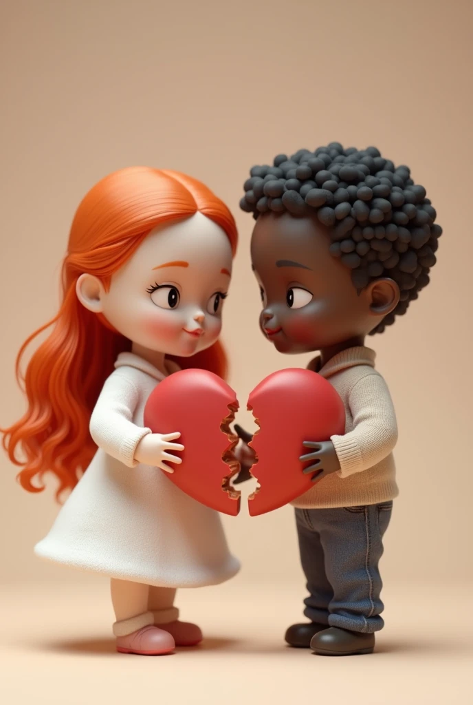 A white-skinned, chubby, red-haired doll with half of a heart that is not broken in her hand and a dark-skinned male doll with half of the other part of the heart that is not broken in his hand and when both dolls are stuck together they form a heart. 