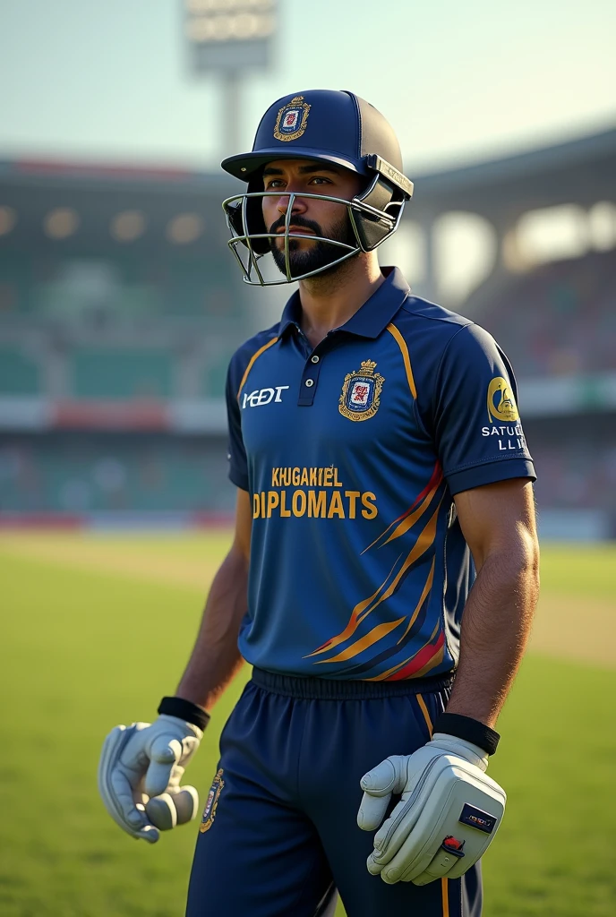 A randem cricket player wear shirt with the name of khugakhel Diplomats the no 10