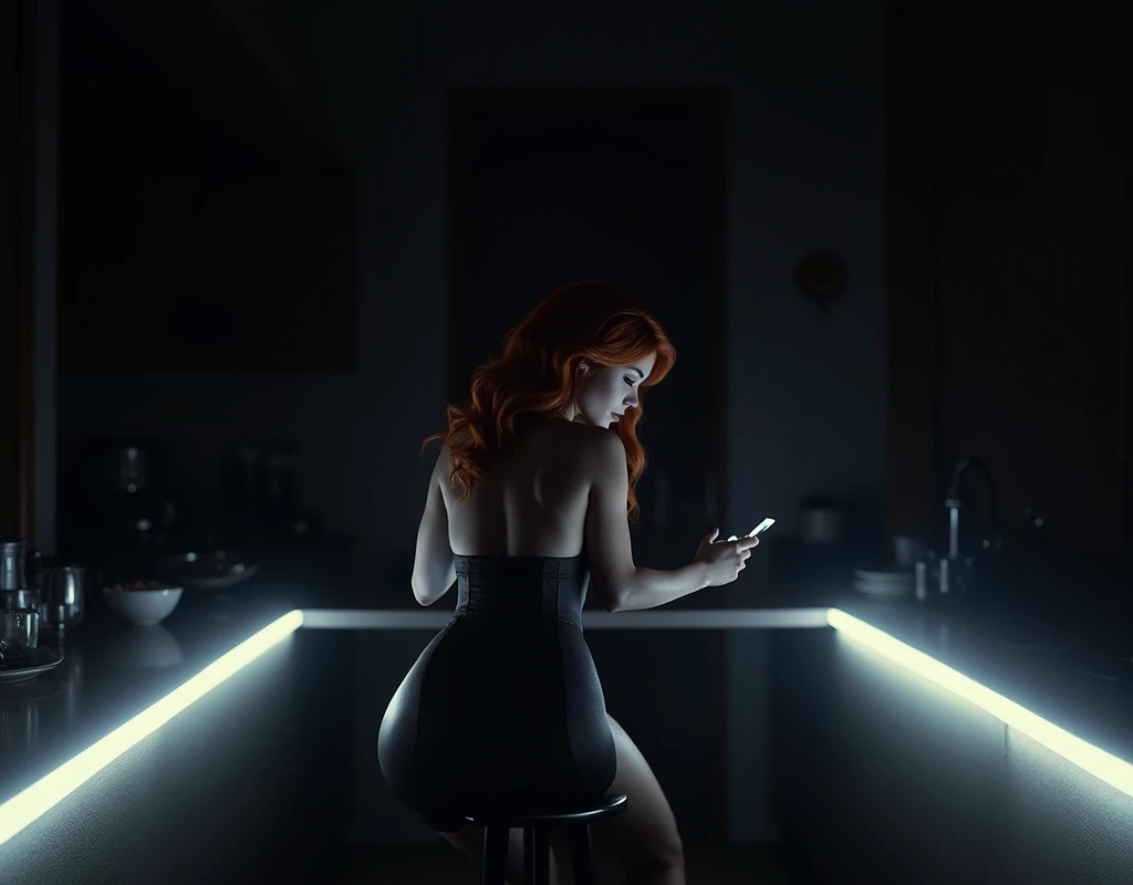 High-quality photograph of a сексуальная рыжуха на кухне, sits on a chair at the table and looks at the phone. back view. Redhead with a nice ass and big breasts.