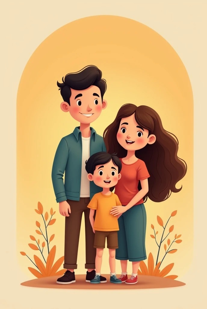 logo of a happy and united family, tall skinny dad, dark brown hair and mom with light brown curly hair, both 30 years old, a -yeld dahaired son and a 2-year-old de gi