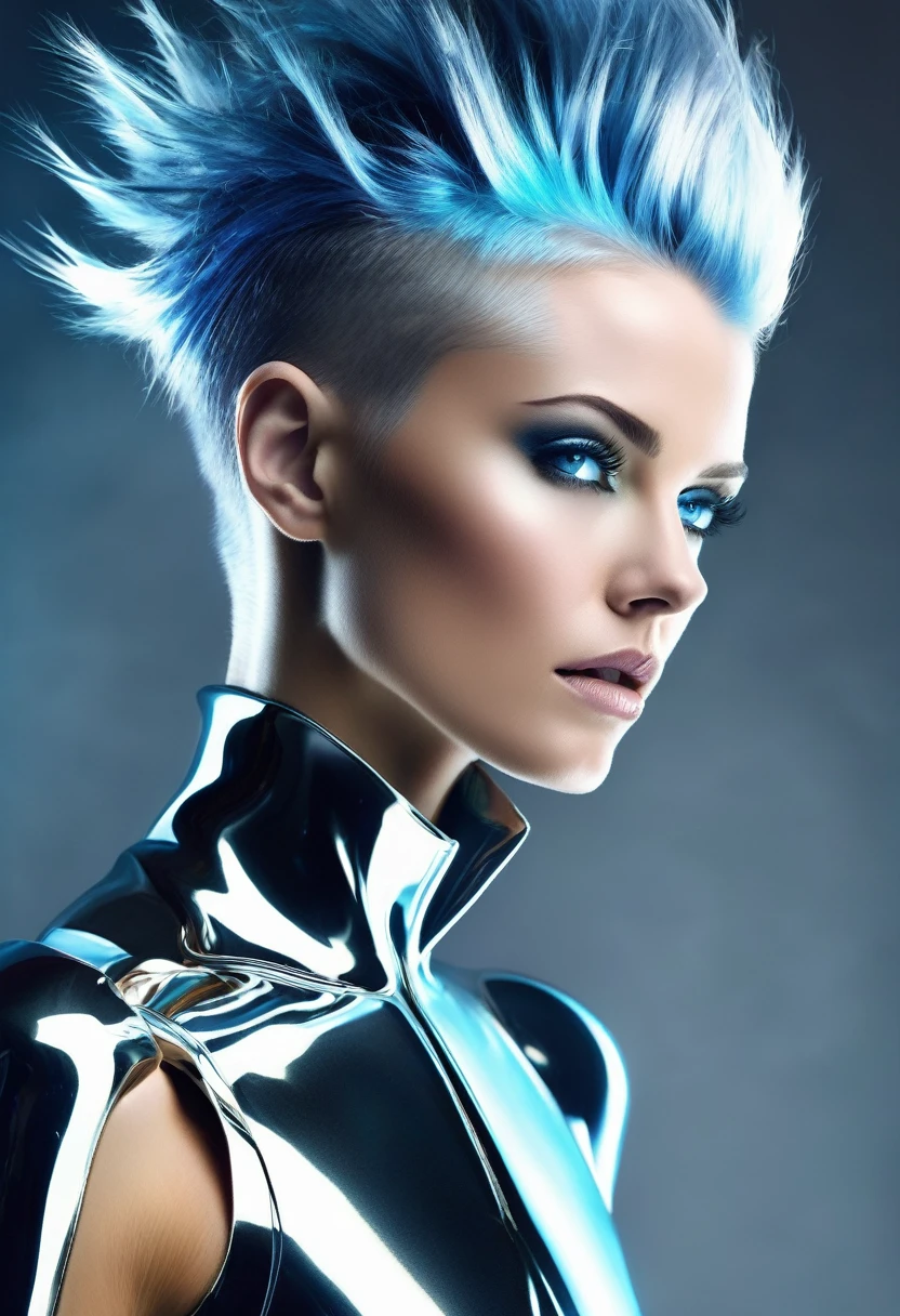 incredibly beautiful female creatures from another planet, mohawk hair and silvery blue eyes, futuristic chromed clothes that reflect faint multicolors, half body,very feminine, crisp, neat, bright and shiny feeling of strength and spiritual transcendence, sober, clean, sleek, minimal, simple background of one color, masterpiece, top detailed, ultraHD spectacular studio light HD