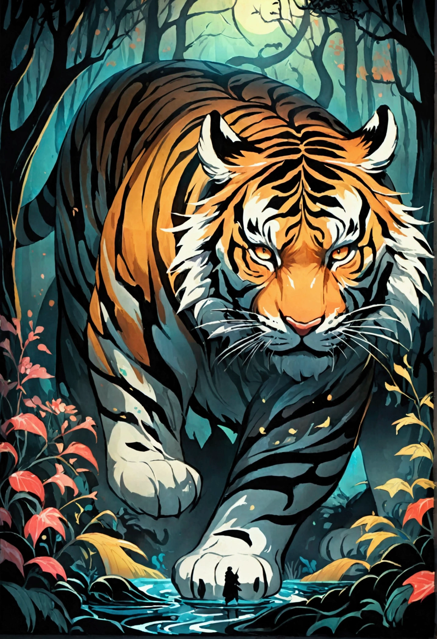 (((fantasy ink art:1.3))), hissing tiger, Chaotic colorful lines ink streaks, Intricate details blend into the world of the ethereal forest, Otherworldly creatures, insanely beautiful, gongbi, Every stroke radiates an enchanting feeling, extraordinary creation, Whether ink painting or oil painting, Master stunning details, pure brilliance, Eerie atmosphere ink splashes,