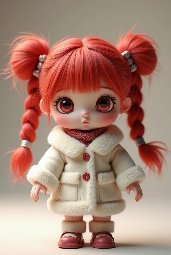 A cute doll with red hair, pigtails, braids and red eyes, a white furry jacket and a white furry glove.