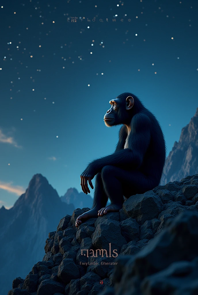 words "MESSIER" written in large letters at the bottom of the screen, ((masterpiece, of the highest quality, Maximum image quality, High resolution, photorealistic, raw photo, 8k)), ((Extremely detailed 8k unified CG wallpaper)), In the middle of the night, A chimpanzee sits on a rock at the top of a mountain, looking at the stars, He comes up with a new idea about the origin of humanity, view from below, but the dimensions are 1920 x 1080