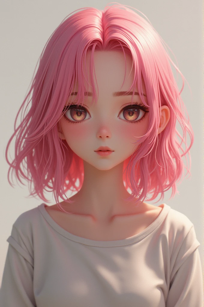 Somewhat dark pink haired girl with not too fair but not too dark skinned. With mid length hair but a bit shorter than mid.