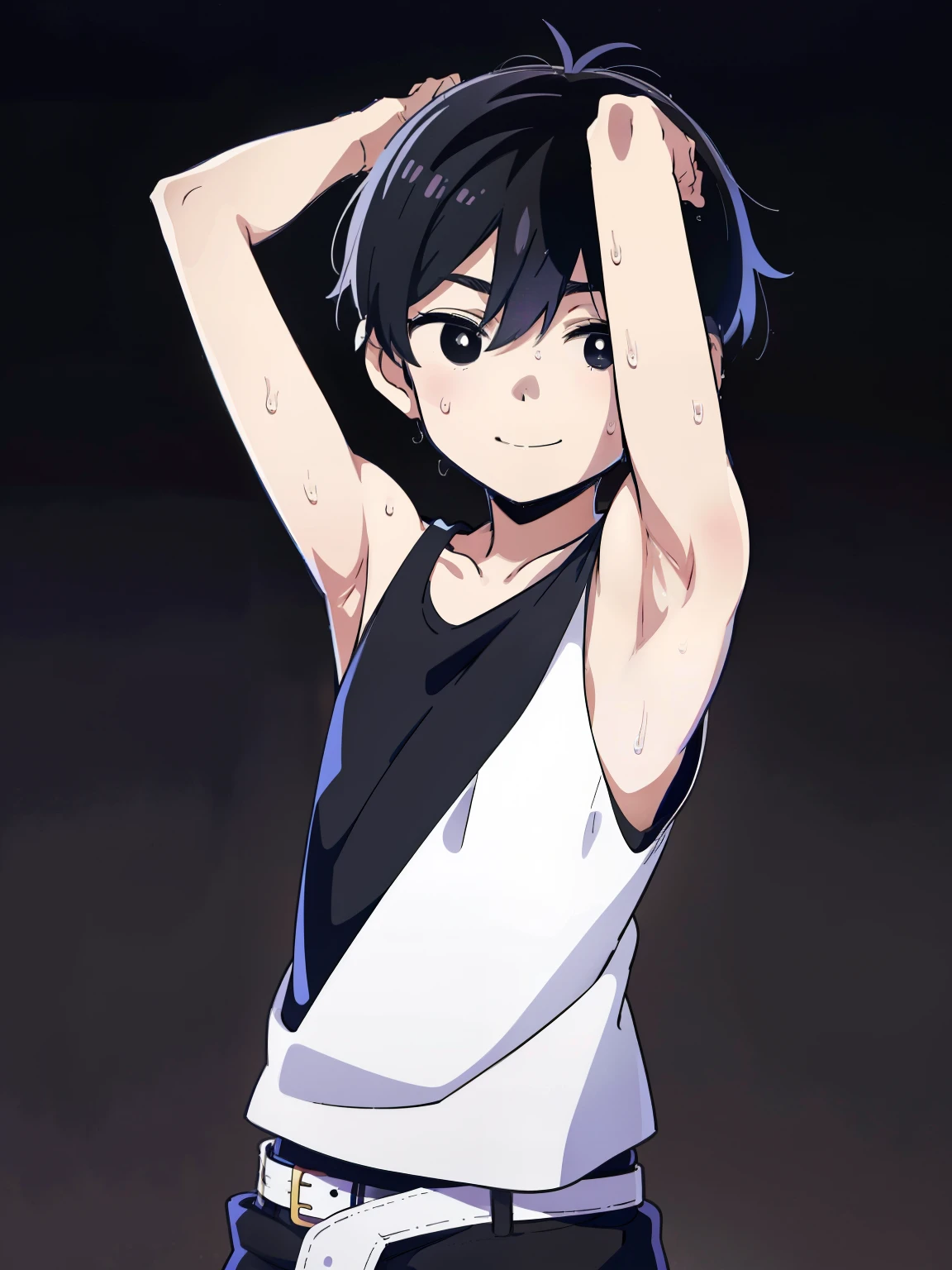 Highres, Masterpiece, Best quality at best,Best Quality,hight quality, hight detailed, Anime style, 1boy, Shota, young boy, Solo person, Omori, omorisunny, black hair,bright pupils, outline, white pupils, white outline, look at viewer,Tank top, Bare shoulder, belt, flat chest, smile, upper body, Grey beckground, Seen from the front, (Showing armpit:1.3), (very young boy), (very small and short body), simple beckground, hansome boy, Uhd, bokeh, sweat