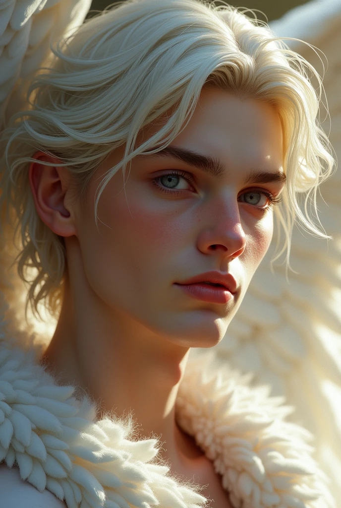 Up close portrait of a male angel, d & d, face, fantasy, intricate, elegant, highly detailed, digital painting, artstation, concept art, smooth, sharp focus, illustration, art by artgerm and greg rutkowski and alphonse mucha
