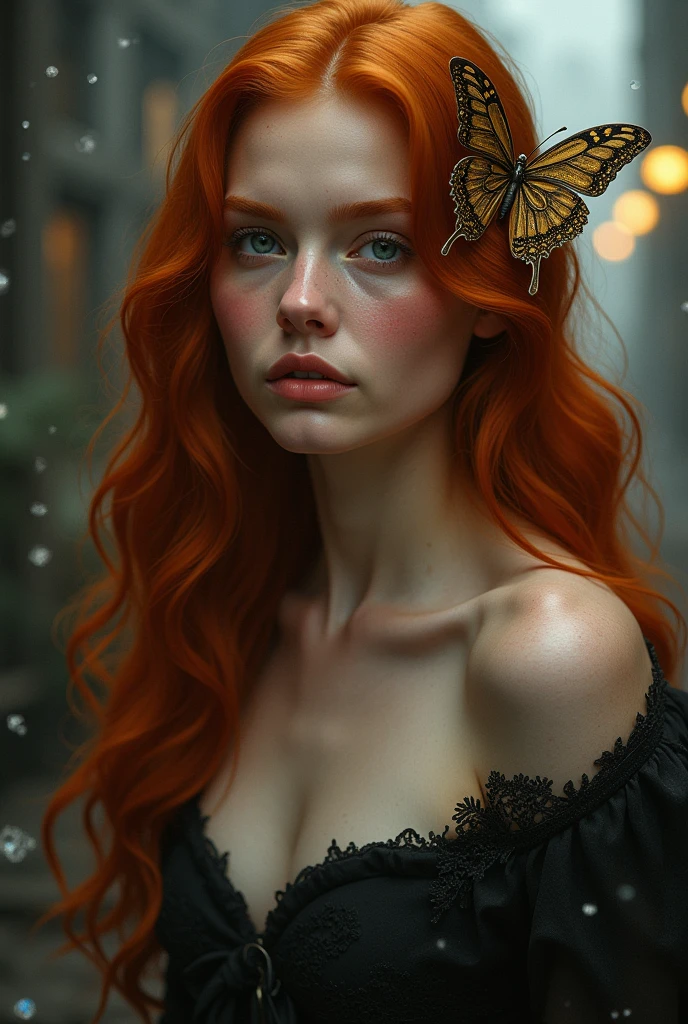 (solo, full body photo:1.3), (action packed:1.3), (haze, fog, mist:1.3), chiaroscuro, best quality, photorealistic, 1woman, (cute), (24yo:1.2), redhead, long ginger hair highly detailed, 1700'S, digital photography, art by artgerm and ruan jia and greg rutkowski surreal painting gold butterfly filigree, broken glass, (masterpiece, sidelighting, finely detailed Fashionable eyes: 1.2) (perfect oval large eyes that gazes at the viewer), beautiful detailed face, blue gorgeous perfect eyes, (blonde hair ponytail), (attractive young woman:1.3), (thick amazing hair), (seductive:1.1), (blushing:1.1)