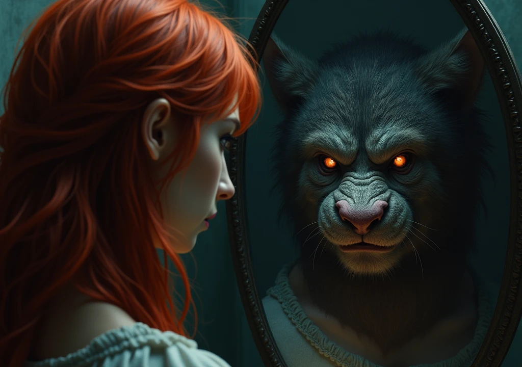 red-haired woman,looking in the mirror and seeing a beast,deep in the darkness