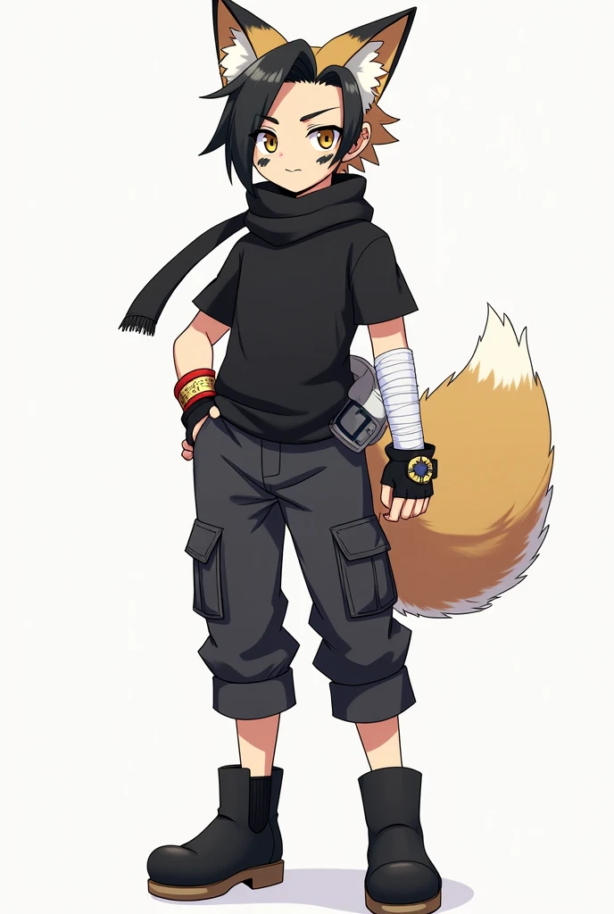 Manga boy with fox ears and a fox tail, il a les cheveux bicolore noir et brun aux yeux jaunes avec deux traits noirs sous mes yeux. Il porte un t-shirt noir avec un foulard noir autour du cou. He is wearing black cargo pants with black boots, il porte des mitaines aux mains, one white and one black and a white bandage bandage wrapped around the arm. Il porte aussi un bracelet rouge avec une clochette au bras droit et une montre noir au poignées gauche