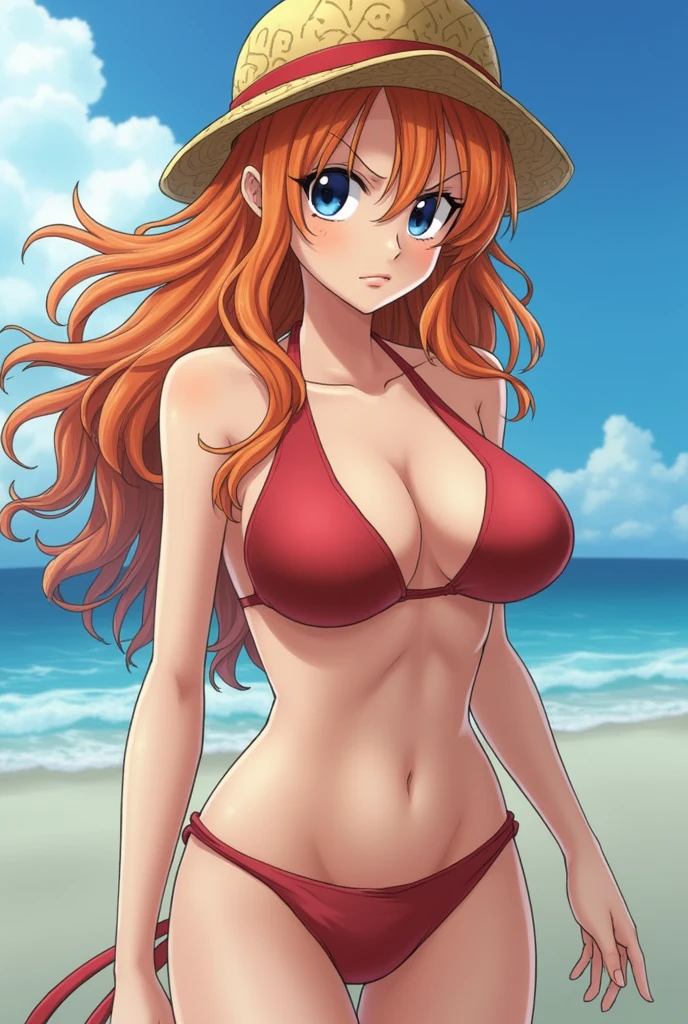 Can you make a picture of Nami from One Piece naked with her breasts visible?