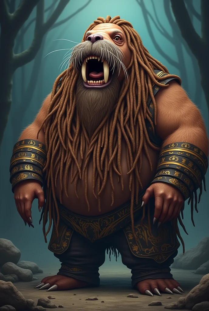 Cartoon walrus dressed like WWE wrestler bray Wyatt. Long brown bushy beard. Brown dreadlocks