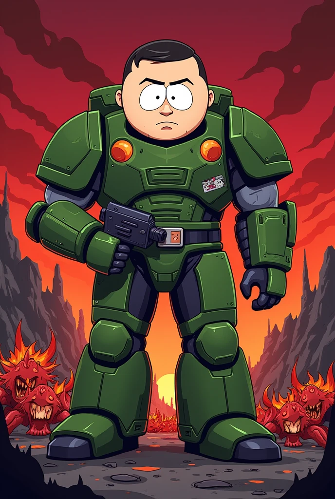 south park style, doomguy, cartoon, 
 