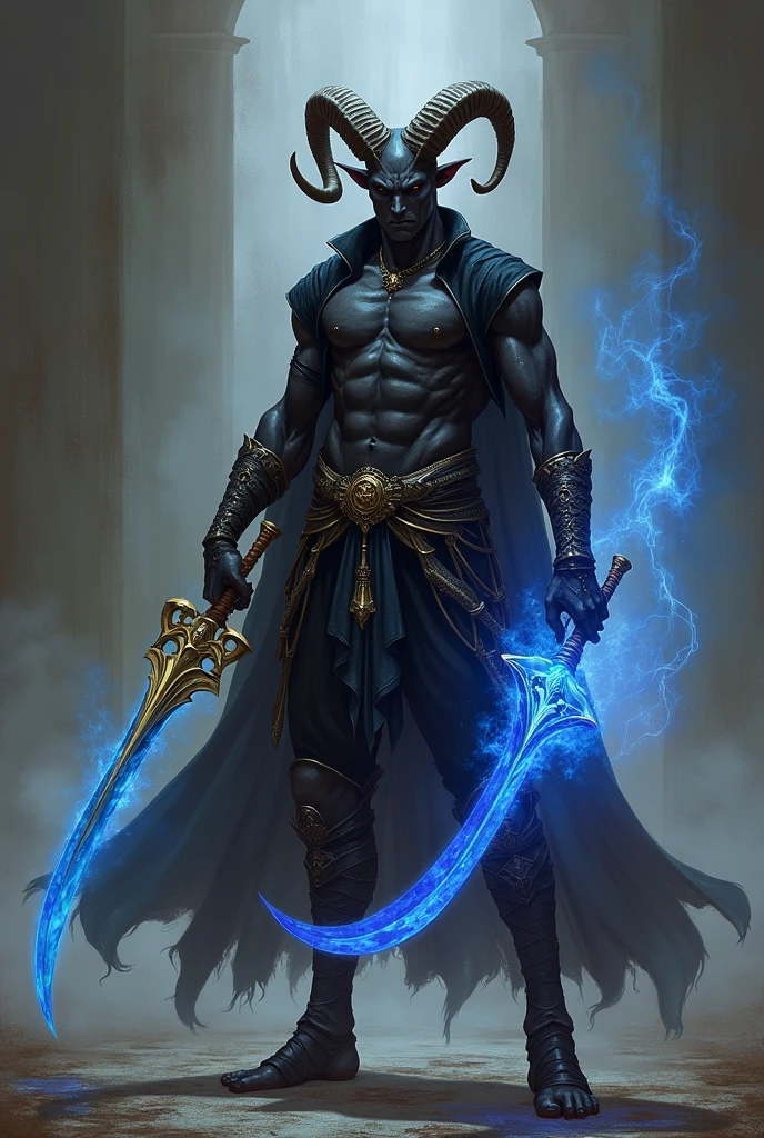 Dark-black skinned Tiefling male. Short, compact, and tightly-wound ram’s horns. Dual-wielding a golden sword oozing black smoke and an elegant, curved blade that’s magically glowing a cobalt blue. Can see his chest due to his sleeveless, buttonless, open, black jacket.