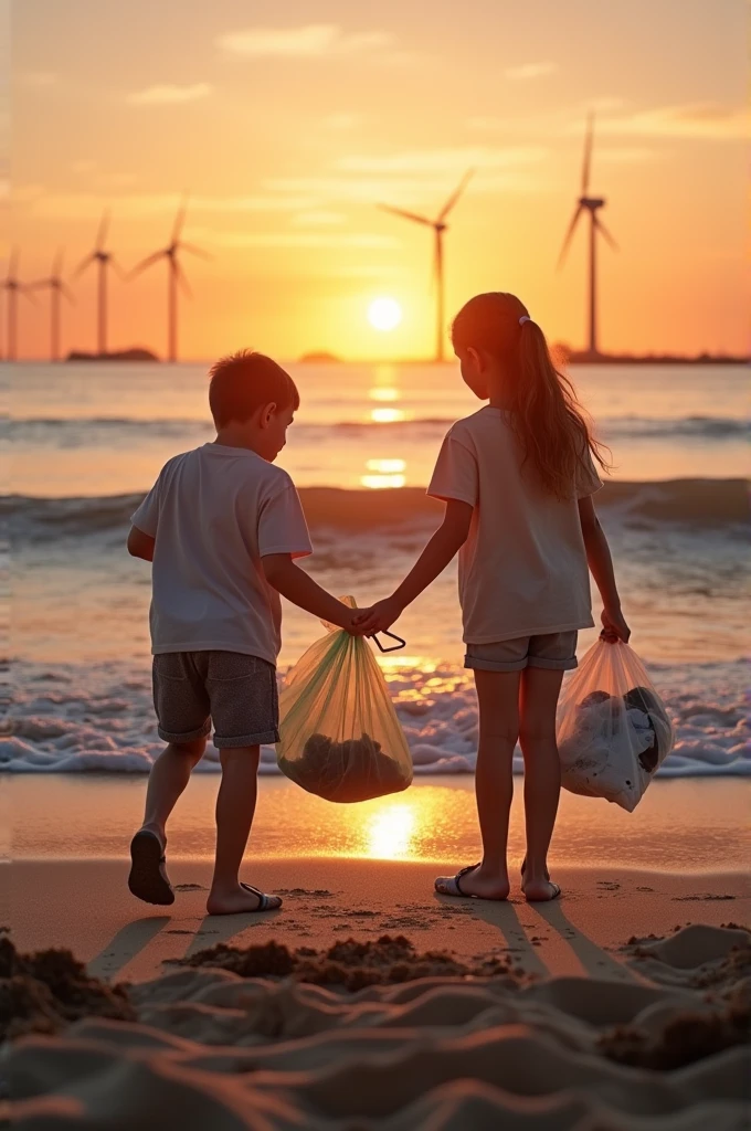 A boy and a girl collect trash on a clean beach as the sun sets on the horizon. Behind them, The waves of the sea reflect the soft orange glow, In the distance you can see windmills turning in harmony with the natural environment.. The scene conveys the commitment to caring for the environment.
