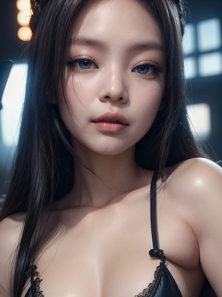 Jennie Kim, beautiful detailed eyes, beautiful detailed lips, big breasts, extremely detailed face, longeyelashes, photorealistic, hyper detailed, cinematic lighting, glamorous, sensual, erotic