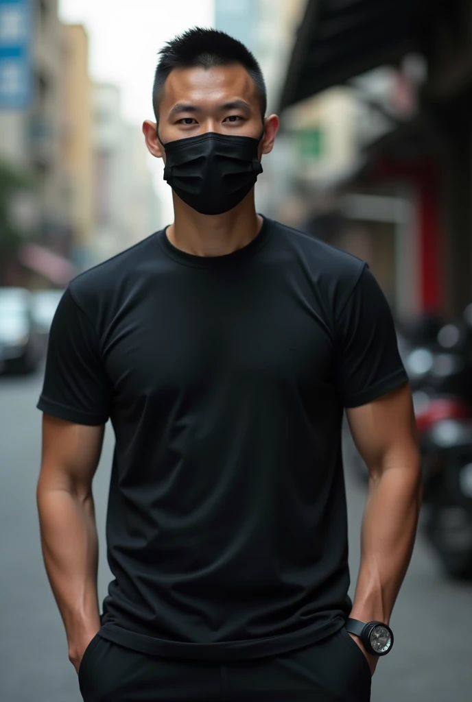 1 man, 2, face, HD photo, 8K photo, Thai face, good figure, wearing a black t-shirt, blurred background, in the city, crew cut hair, wearing a mask, wearing a mask to cover the mouth