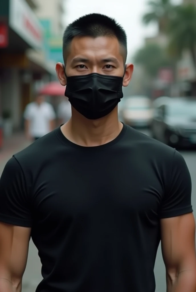 1 man, 2, face, HD photo, 8K photo, Thai face, good figure, wearing a black t-shirt, blurred background, in the city, crew cut hair, wearing a mask, wearing a mask to cover the mouth