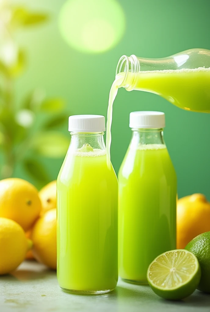 Image with transparent bottles with white lids of 12 ounce green lemon juice, a bottle pouring the juice, fruit image 