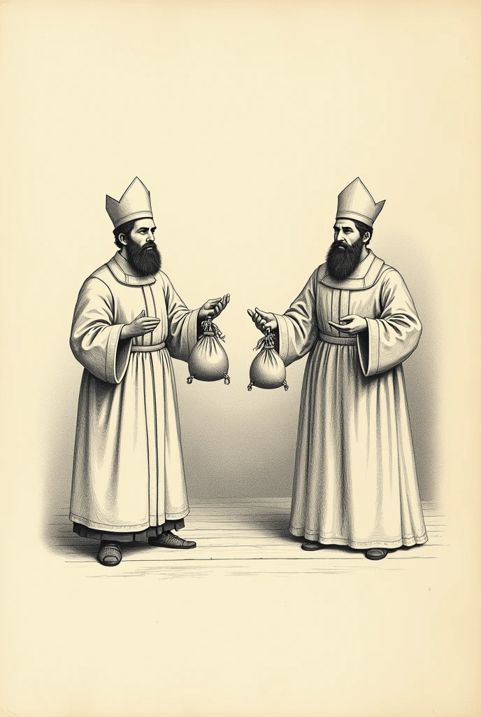 Simple pencil drawing that clergy and nobility also have to pay taxes. Nobility and clergy have money bags in their hands. Very simple antique drawing