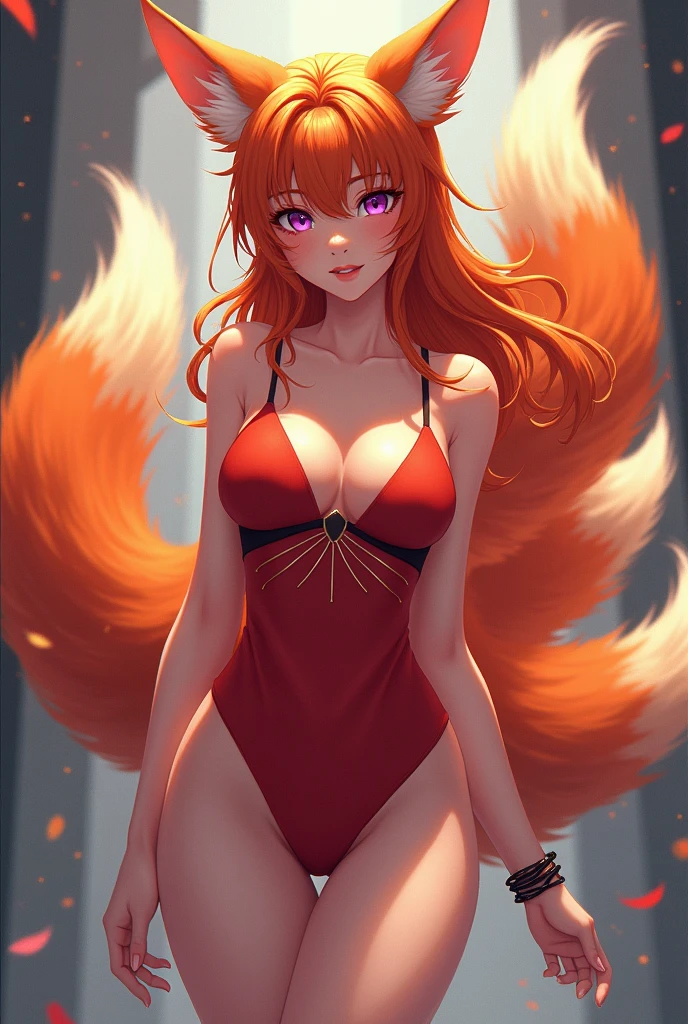 Make an anime style fox woman with 3 orange tails with purple eyes with red short clothes