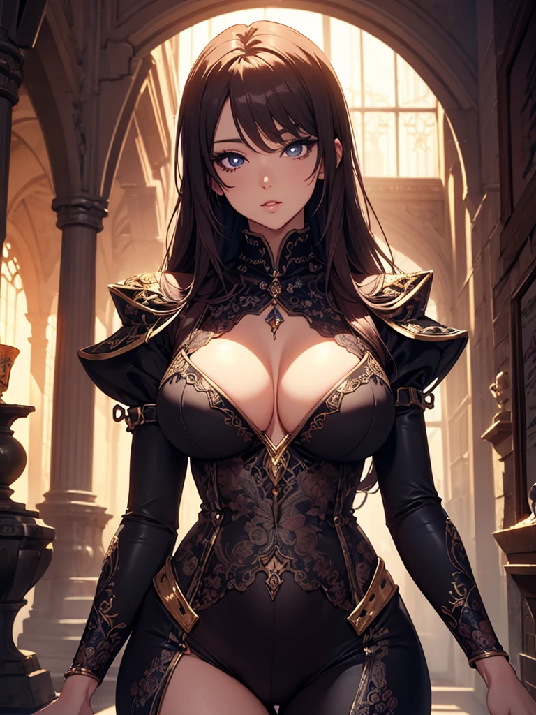 A busty anime girl, extremely detailed eyes and face, beautiful detailed lips, beautiful detailed eyes, long eyelashes, tight clothes, sexy pose,, 4k, best quality, highly detailed, masterpiece, vibrant colors, cinematic lighting, intricate background, fantasy setting