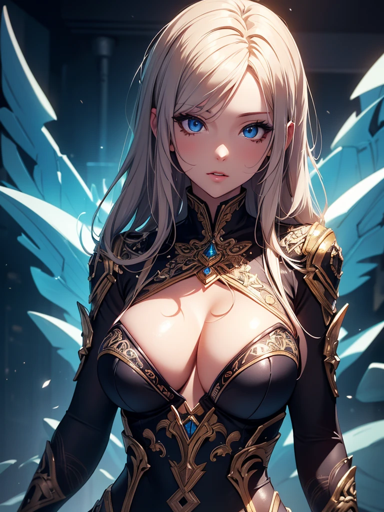 A busty anime girl, extremely detailed eyes and face, beautiful detailed lips, beautiful detailed eyes, long eyelashes, tight clothes, sexy pose,, 4k, best quality, highly detailed, masterpiece, vibrant colors, cinematic lighting, intricate background, fantasy setting