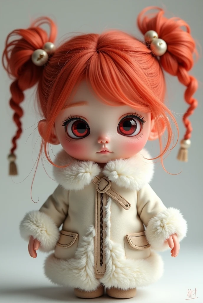 A cute doll with red hair, pigtails, braids and red eyes, a white furry jacket and a white furry glove.