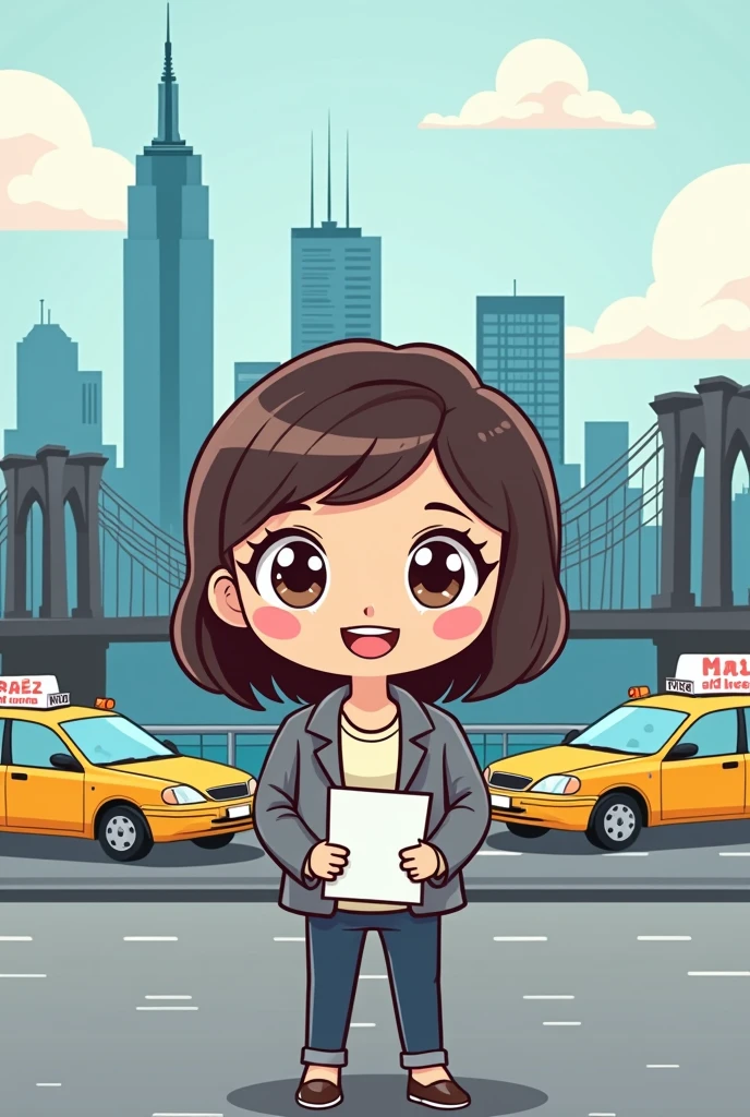 chibiart, woman, teaching, icon, New York background, travel, bob hair, zoom meeting