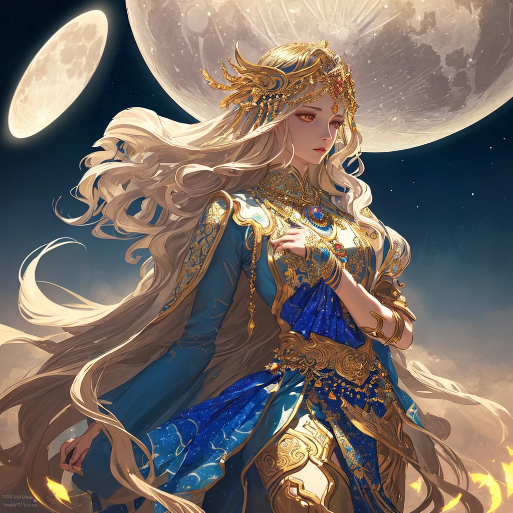 1girl, , goddess of the moon, powerful and magnificent, detailed face, beautiful eyes, full lips, long flowing hair, elegant dress, glowing moon in the background, fantasy landscape, ethereal lighting, vibrant colors, photorealistic, 8k, ultra-detailed, cinematic composition, dramatic lighting, mystical atmosphere, magical realism