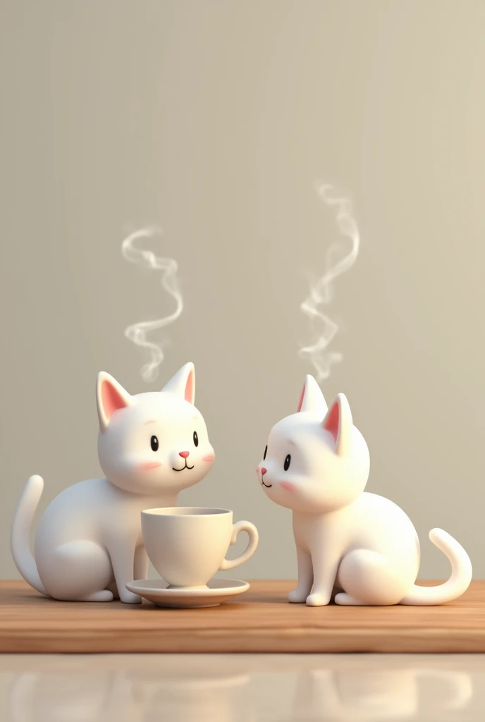 a white cat on a table of a coffee smelling a cup of coffee. Horizontal imagen

