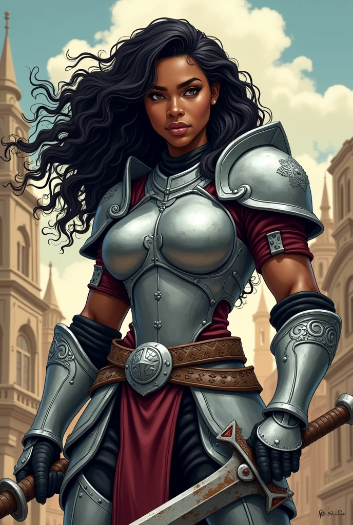 Create a black woman, she is a warrior, she has long curly hair, she wears silver armor, a worn looking sword, make the art in american cartoon style