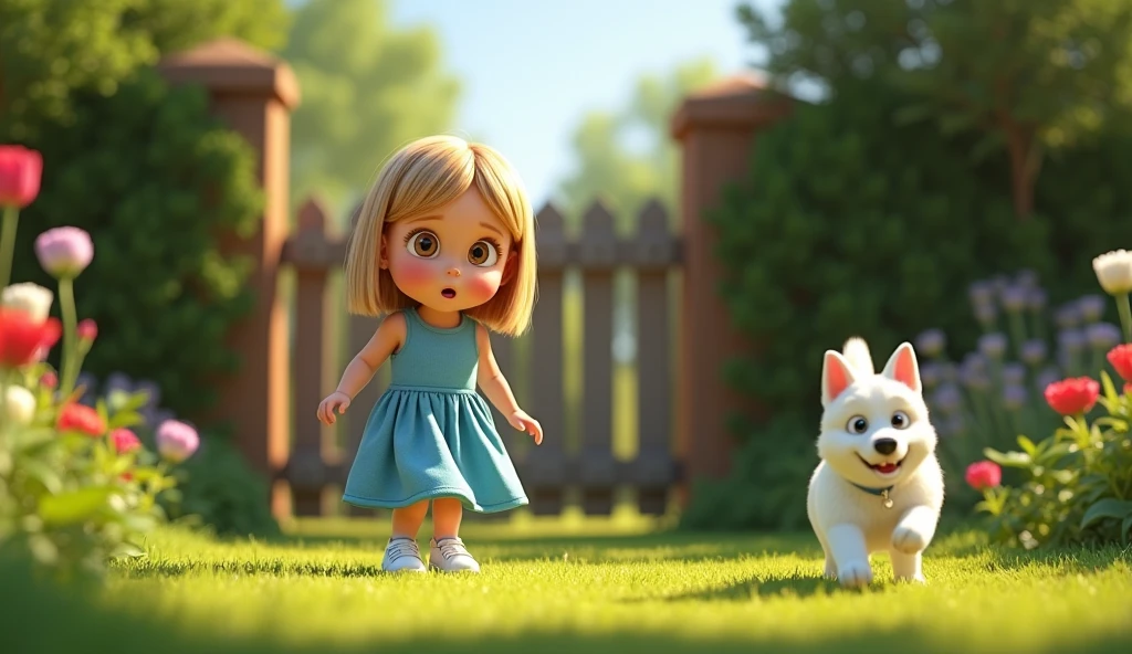 Create an image of 5 year old Cecilia Lodi with straight blonde hair, skin fair, and light brown eyes. She is wearing a beautiful blue dress with no details and white sneakers., she is playing in the garden of her house with her white dog. The scene must be in Pixar's distinctive digital art style.