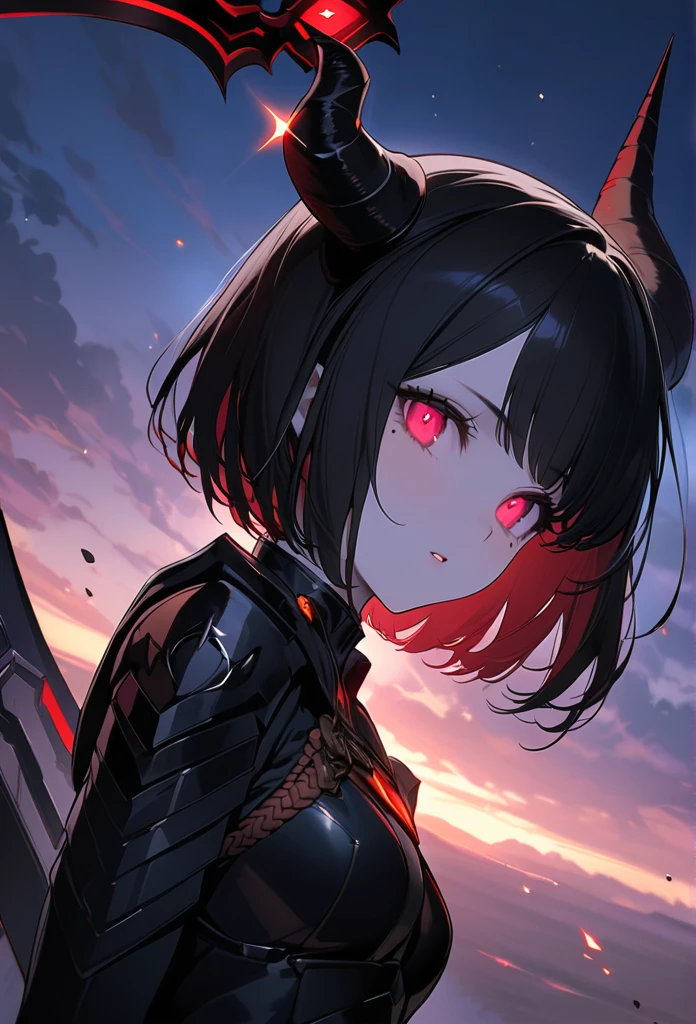 (One Woman),(Best image quality, 32K, masterpiece:1.3),((Black hair bob cut:1.1)),(Swept-apart bangs,Braiding), (Cute eyes, Dark Eyes), (Detailed eyes),(Mole under right eye), (Standard weight), (Glowing Skin:1.1),(Pale skin:1.2),(A fantastic atmosphere),(look up),Ultra-high resolution, Textured skin, Sparkle Effect, adult,
Dark Knight,Black pointed armor,Black Horn Helmet,
Death Scythe,
Red-black sky,Black Earth,
whole body,