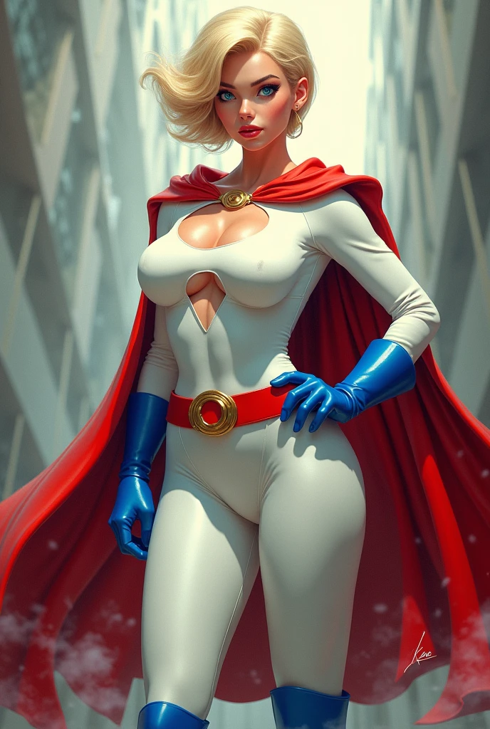 ULL BODY. A FEMALE WITH SHORT BLONDE HAIR, BLUE EYES WEARING A WHITE TURTLE NECK LEOTARD WITH LONG SLEEVES, A LARGE ROUND CLEAVAGE CUT OUT HOLE ON THE CHEST, BLUE GLOVES, BLUE BOOTS, A RED BELT WITH A GOLD CIRCLE, A LONG RED CAPE ATTACHED AT THE NECK WITH ONE GOLD CIRCLE CLASP. (THICK ROUND PERKY BREASTS). ABSURD 8K RESOLUTION, DYNAMIC BACKGROUND.