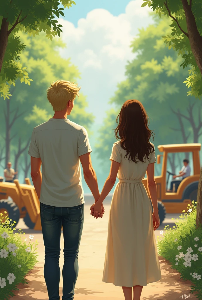 create a book cover image inspired by the phrase rebuilding simpler with a park in the background being rebuilt couple blond man and woman with brown hair holding hands