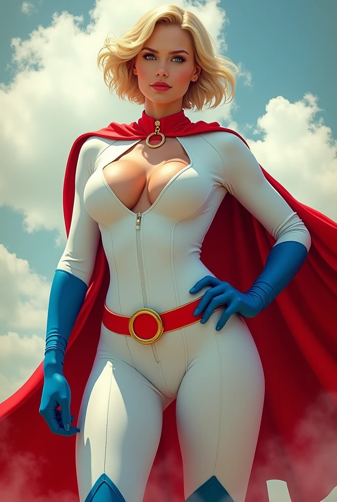 ULL BODY. A FEMALE WITH SHORT BLONDE HAIR, BLUE EYES WEARING A WHITE TURTLE NECK LEOTARD WITH LONG SLEEVES, A LARGE ROUND CLEAVAGE CUT OUT HOLE ON THE CHEST, BLUE GLOVES, BLUE BOOTS, A RED BELT WITH A GOLD CIRCLE, A LONG RED CAPE ATTACHED AT THE NECK WITH ONE GOLD CIRCLE CLASP. (THICK ROUND PERKY BREASTS). ABSURD 8K RESOLUTION, DYNAMIC BACKGROUND.