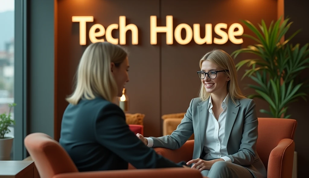Create an image of a Tech office with a name sign "Tech House". The atmosphere is chic and cozy, with sophisticated furniture and a comfortable armchair for the psychologist and another for the patient. There is a stylish plant in the background.
The psychologist is a blonde woman, green-eyed, With shoulder-length hair, and an athletic build. she wears glasses, is wearing a suit and is sitting in the armchair, attending to a patient whose face is not visible.