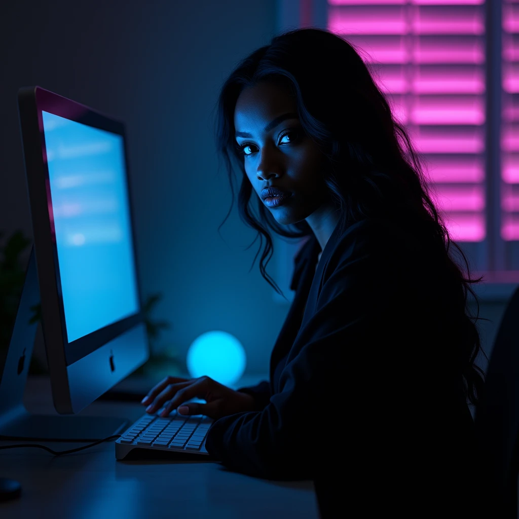 hune jeune et superbe femme noire est enveloppée d'un éclairage tamisé et tamisé, ponctué d'accents lumineux et fluorescents, créant un sentiment de mystère et de malaiseomme chauve devant un ordinateur ,le regard vers nous