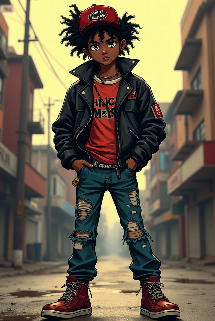 create an rpg character he is a punk teenager in the Ramones style he wears a cap and has curly hair I want a full body half black skin and curly hair