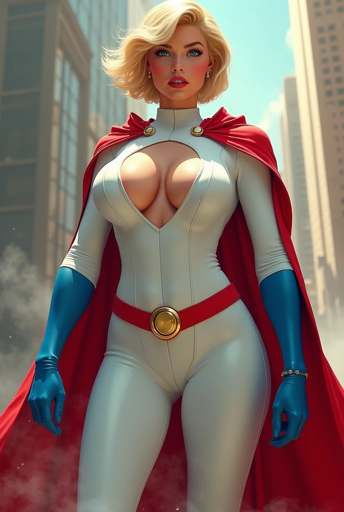 ULL BODY. A FEMALE WITH SHORT BLONDE HAIR, BLUE EYES WEARING A WHITE TURTLE NECK LEOTARD WITH LONG SLEEVES, A LARGE ROUND CLEAVAGE CUT OUT HOLE ON THE CHEST, BLUE GLOVES, BLUE BOOTS, A RED BELT WITH A GOLD CIRCLE, A LONG RED CAPE ATTACHED AT THE NECK WITH ONE GOLD CIRCLE CLASP. (THICK ROUND PERKY BREASTS). ABSURD 8K RESOLUTION, DYNAMIC BACKGROUND.