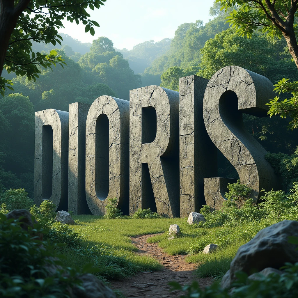 megas giant thick letters DIORIS in the middle of the forest