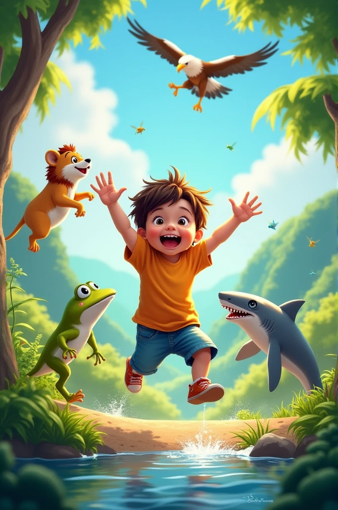 Roar like a lion, jump like a frog,
Fly like an eagle, swim like a shark.
Hopping and playing, what a fun day,
Learning about animals in every way.