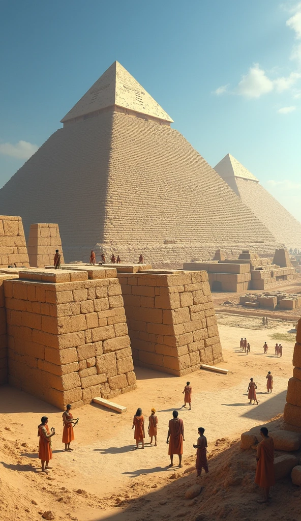 Create a detailed scene of the Egyptian pyramids under construction, showing the structure partially erected and without the finished stone blocks. The pyramids must be visibly unfinished, with the base and main layers visible, but with empty spaces where the stone blocks have not yet been placed. Show ancient Egyptian workers or architects involved in construction, and include rudimentary tools and equipment of the time. The setting must be in the desert, with the clear blue sky and the sun shining, creating an atmosphere that highlights the grandeur and monumental effort of the construction.